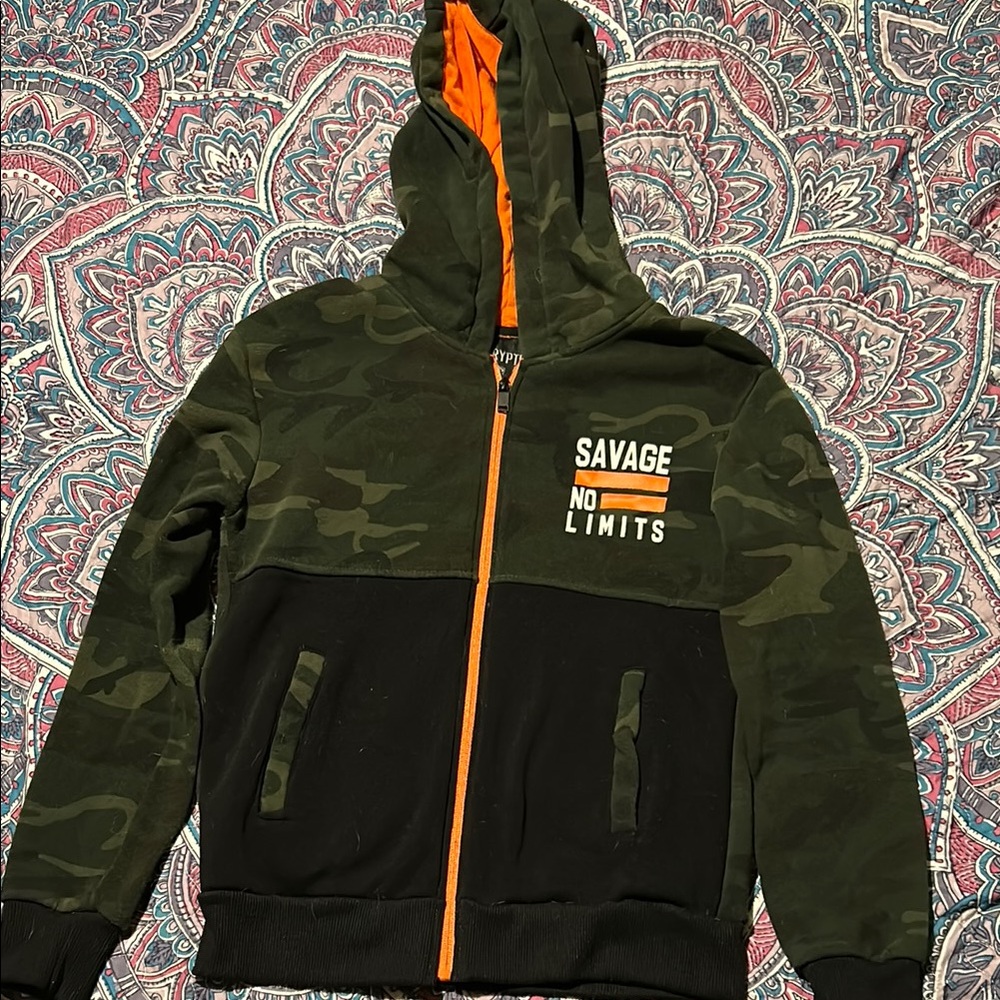 Kids matching Camouflage Jacket and pants with Orange Accents